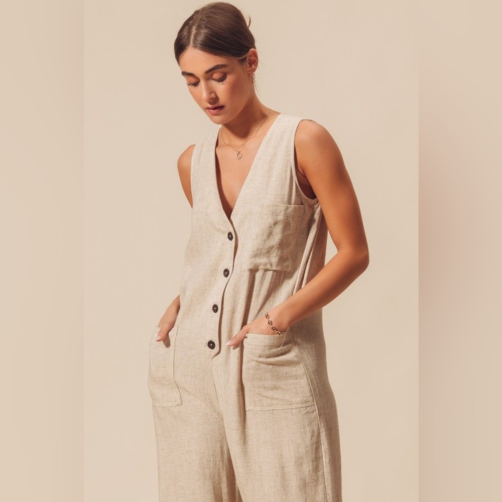 So Me Linen Blend V-Neck Button Down Jumpsuit - Picture 9 of 12